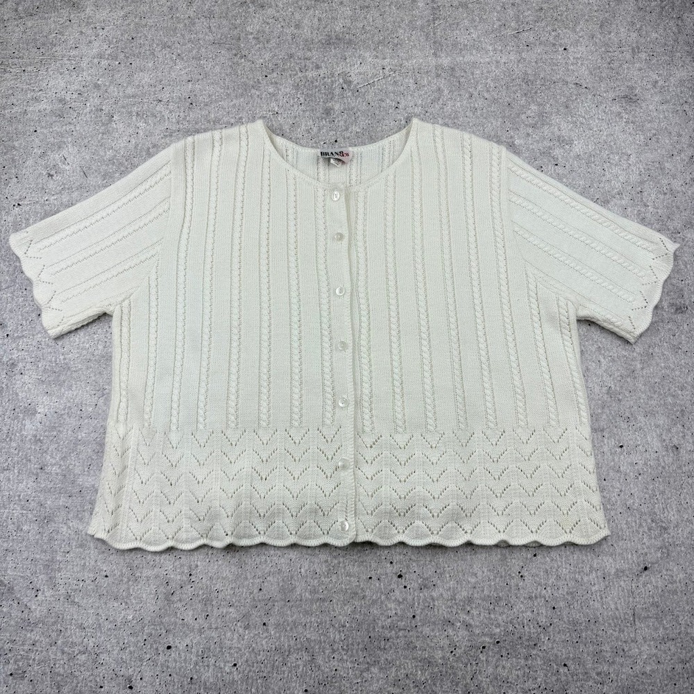 "Brand New" Made in USA Short Sleeve White Knit Cardigan Scalloped Hem Womens L